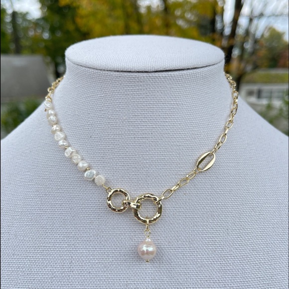 New 18K Gold Plated  Natural  Pearl Circle Link Chain Pendant Choker Necklace - Picture 4 of 14